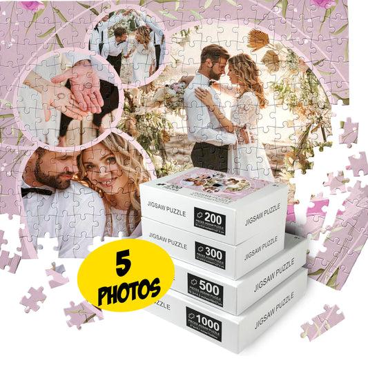 Custom Wedding Gift, Puzzle Collage of Five Photos for Bride Groom Wife Husband