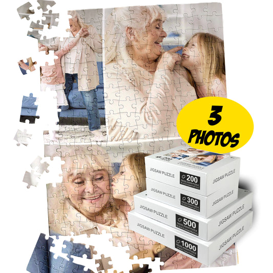 Three Photo Jigsaw Collage, Custom Puzzle 200 300 500 or 1000 Piece - Custamazegifts.com