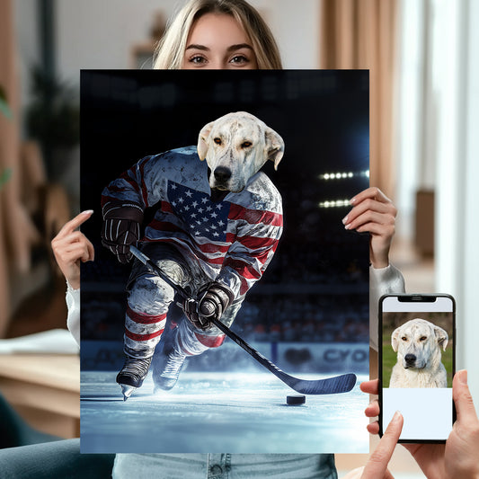 Dog Hockey Player Sports Poster from Photo, Custom Canvas Wall Art