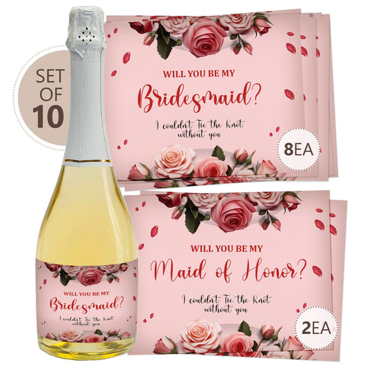 Pink Rose Bridesmaid Proposal Bottle Labels Set of 10 for Champagne Wine - Custamazegifts.com