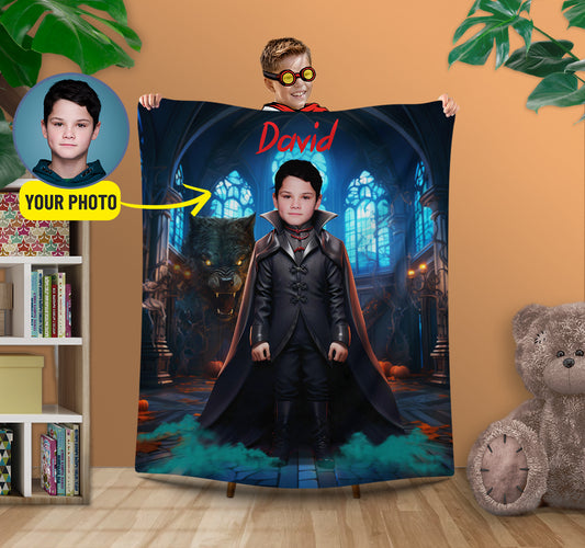 Boy Halloween Gift Personalized Photo Blanket, Custom Dracula Vampire Blanket - Custamazegifts.com