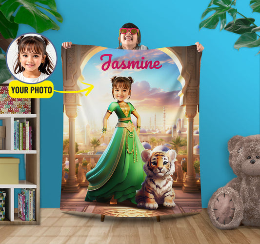 Princess Jasmine Custom Face Blanket, Aladdin Gift for Girl - Custamazegifts.com