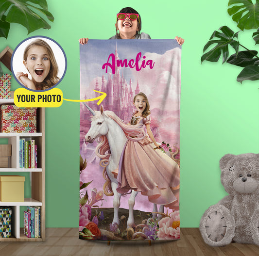 Photo Beach Unicorn Princess Towel, Girls Personalized Towels with Fairytale Print - Custamazegifts.com