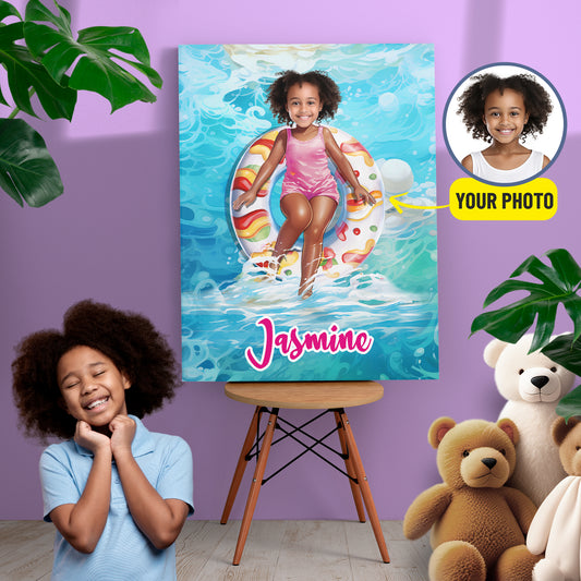 Сanvas Portrait From Photo Face Girl on Pool Float, Artistic Gift - Custamazegifts.com