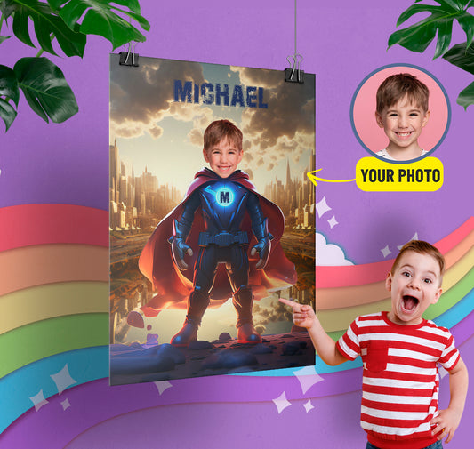 Personalize Poster Super Hero Boy with Face, Kids Superhero Photo Poster - Custamazegifts.com