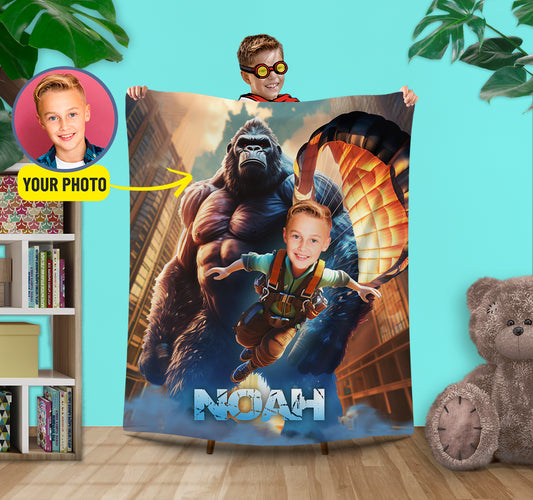 Personalized Blanket King Kong Kids Custom Face, Boys Bed Room Blanket - Custamazegifts.com