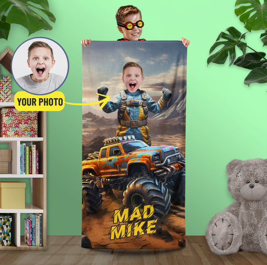Custom Beach Towel Monster Truck Boy Face Beach Towel Gifts for Him - Custamazegifts.com