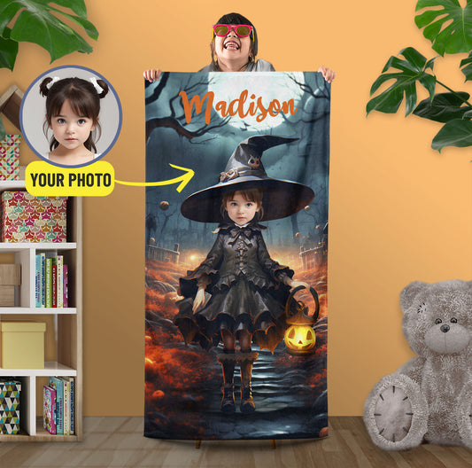 Wednesday Halloween Bath Towel, Personalized Girl Witch Beach Towel - Custamazegifts.com