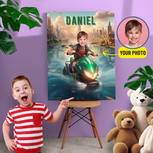 Personalized Canvas Jet Skiing Boys Gifts, Custom Kids Face Name Portrait - Custamazegifts.com