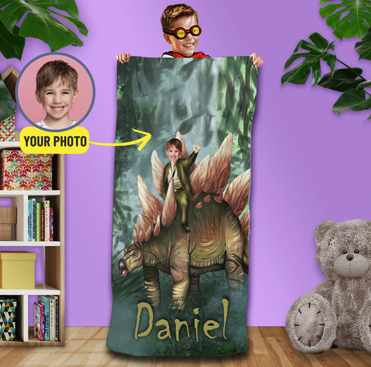 Custom Child Riding Jurassic Dinosaur Beach Towel - Custamazegifts.com