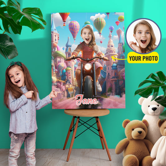 Girl Ride Bike Photo Canvas Print, Kids Custom Face Canvas for Girls - Custamazegifts.com