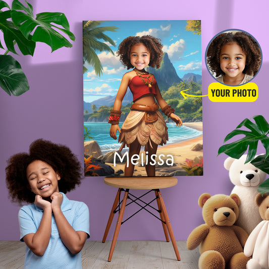 Moana Personalized Canvas, Kids Face Photo Wall Art Digital Portrait - Custamazegifts.com