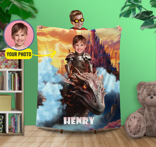 Boy Knight on the Dragon Personalized Blanket with Your Face - Custamazegifts.com