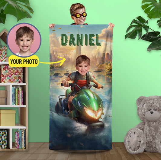Jet Ski Kids Photo Personalized Beach Towel, Boys Jet Skiing Gifts, Customized Towel - Custamazegifts.com