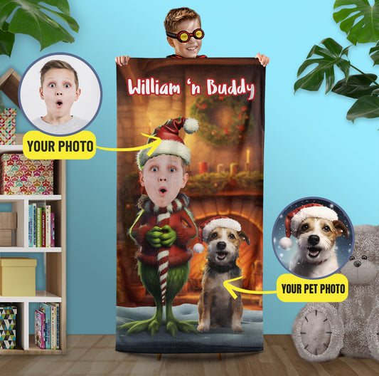 Boys Beach Towel Grinch Stole Christmas Gift, Personalized Towel Son Nephew Gift - Custamazegifts.com