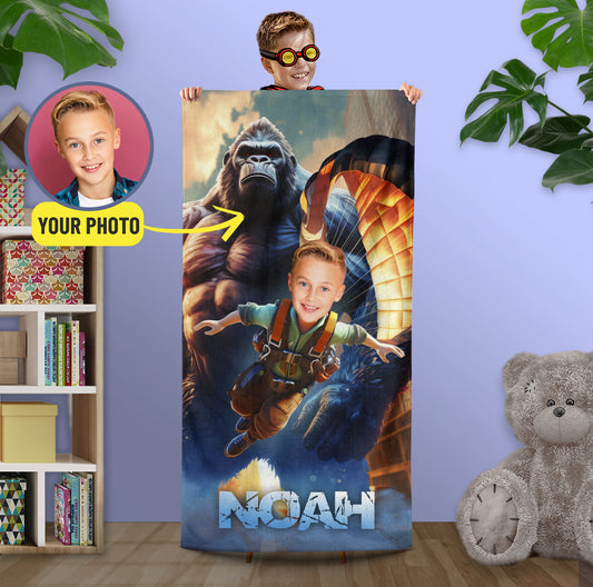 Custom Beach Photo Towel King Kong, Giant Monster Kids Monogrammed Towel - Custamazegifts.com