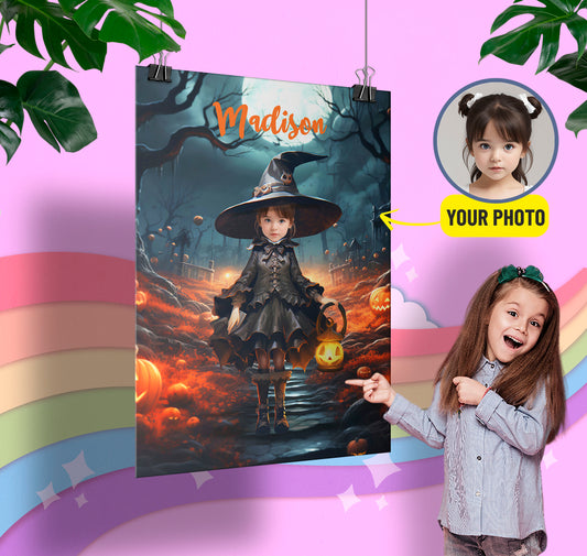 Custom Photo Poster Gift For Kids, Girl Halloween Witch Portrait - Custamazegifts.com