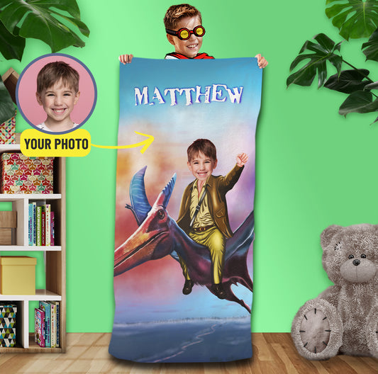 Pterodactyl Kids Photo Towel, Custom Pterosaur Pool Party Favors - Custamazegifts.com
