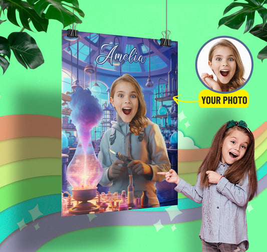 Custom Scientist Girl Photo Poster for Her, Personalized Magician Gift - Custamazegifts.com