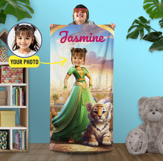 Personalized Princess Jasmine Girl Beach Towel, Aladdin Gift for Her - Custamazegifts.com