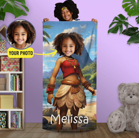 Customize Girl Moana Princess Beach Towel, Princess Inspired Pool Girls' Gift - Custamazegifts.com