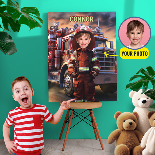 Custom Firefighter boy Photo Canvas, Personalized Child Portrait - Custamazegifts.com