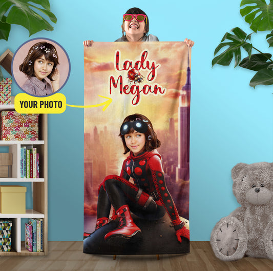 Towel With Face Name Ladybug Marinette, Custom Kids Pool Party Gift - Custamazegifts.com