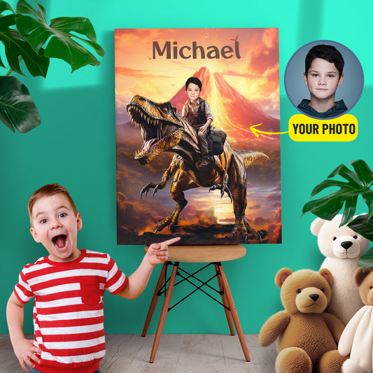 T-Rex Jurassic Dinosaur Canvas Wall Art, Boy Child Riding Dinosaur Kids Face Prints - Custamazegifts.com