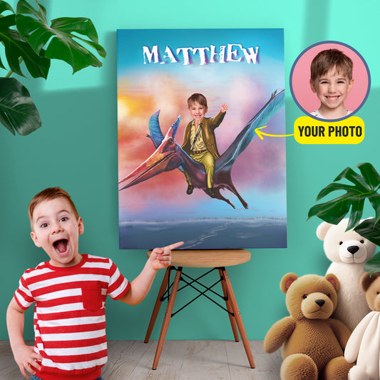 Dinosaur Custom Canvas from Photo, Boy Flying on Pterodactyl - Custamazegifts.com