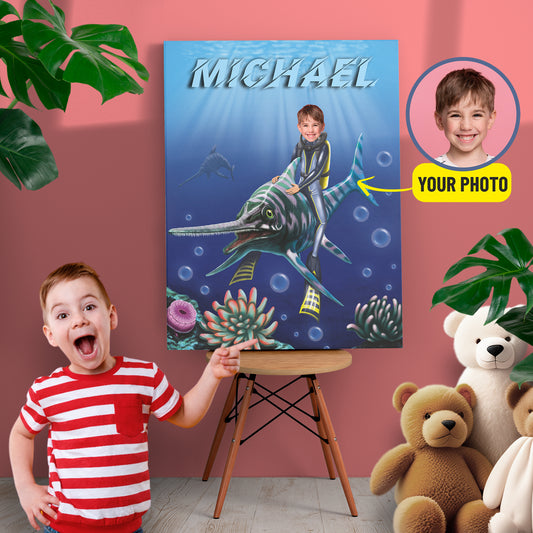 Water Dinosaur Boys Photo Canvas, Ocean Life Canvas Wall Art for Kids - Custamazegifts.com