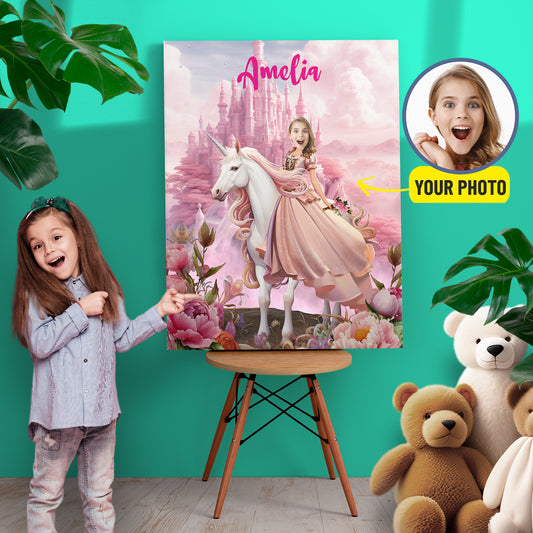 Personalized Canvas Princess with Unicorn, Custom Girls Digital Portrait - Custamazegifts.com