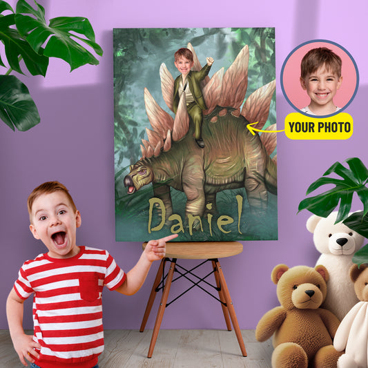 Kid Riding a Stegosaurus Photo Canvas Wall Art - Custamazegifts.com