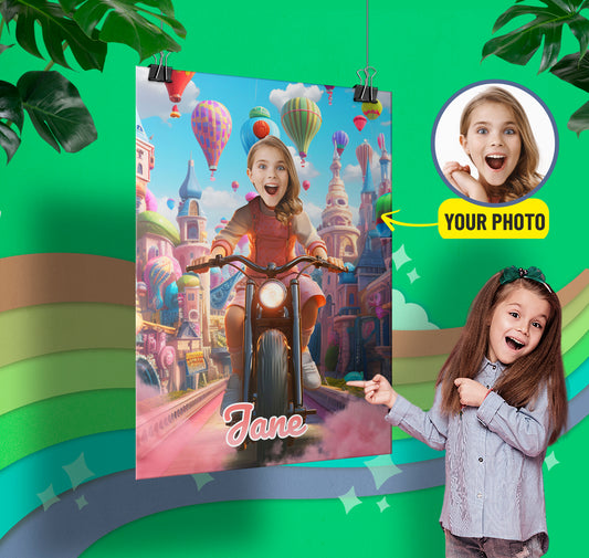 Personalized Poster Girl Ride Bike, Kids' Photoshop Motorbike Portrait - Custamazegifts.com