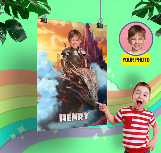 Prince and Dragon Boys Photo Portrait Poster, Custom Knight Riding Dragon Print - Custamazegifts.com