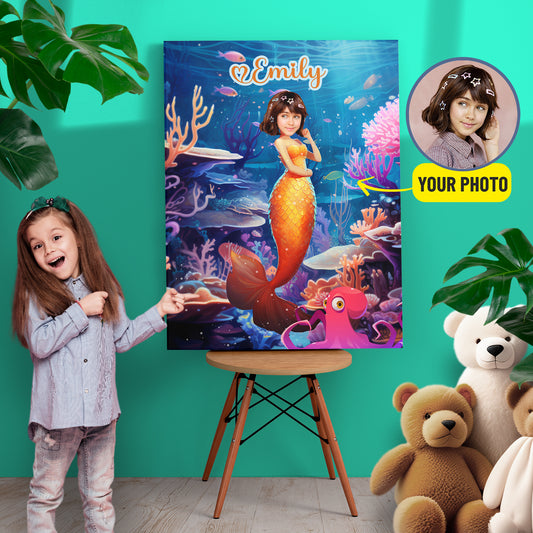 Custom Photo Canvas Mermaid Princess Photo Name, Little Mermaid Girl Gift - Custamazegifts.com