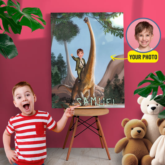Dinosaur Rider Kids Photo Canvas, Custom Dino Canvas Print for Boys - Custamazegifts.com