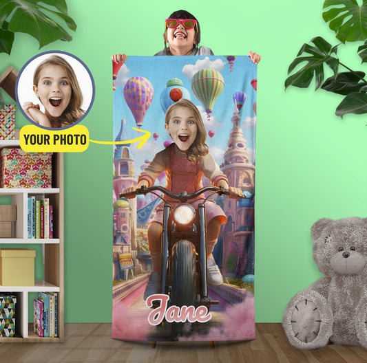 Girl ride bike Photo Face Beach Towel, Custom Gifts for Her - Custamazegifts.com