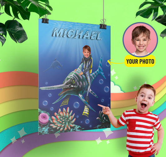 Print Poster Boy Fish Wall Art, Personalized Water Dino Photoshop Portrait - Custamazegifts.com