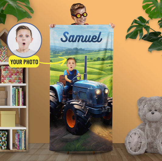 Boy on Tractor Beach Photo Towel, Kids Farm Print Swimming Towel - Custamazegifts.com