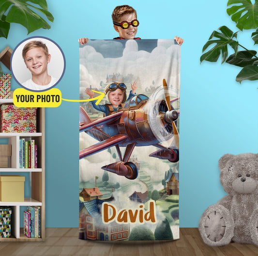 Pilot Boy Kids Photo Personalized Towel, Boys Kids Youth Toddler Beach Accessories - Custamazegifts.com