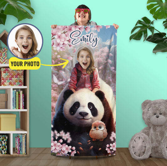 Customized Panda Lover Bath Towel, Personalized Girl and Panda Beach Towel - Custamazegifts.com