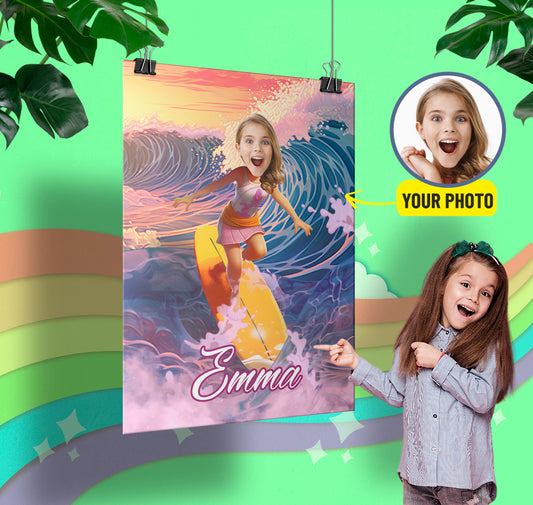 Personalized Surfer Girl Poster, Beach Lover Custom Photo Gift - Custamazegifts.com