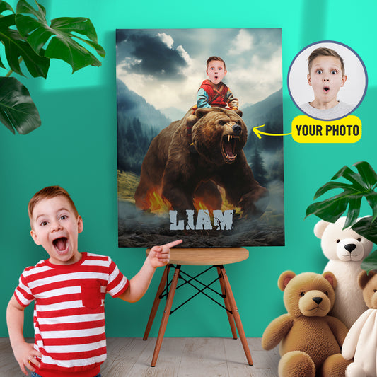 Personalized Canvas Bear and Kid, Woodland Boys Photoshop Portrait - Custamazegifts.com