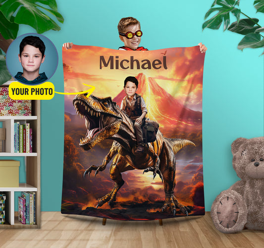 Blanket Child Riding T-Rex Dinosaur, Boys Room Picnic Jurassic Blanket - Custamazegifts.com