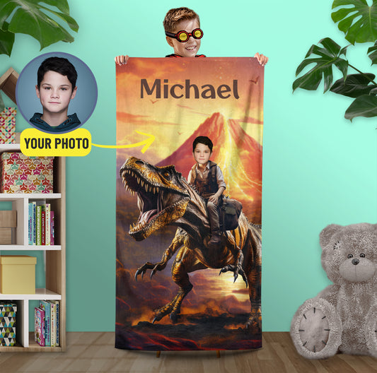 Personalized T-Rex Jurassic Photo Beach Towel, Boys Dinosaur Towel Gift - Custamazegifts.com