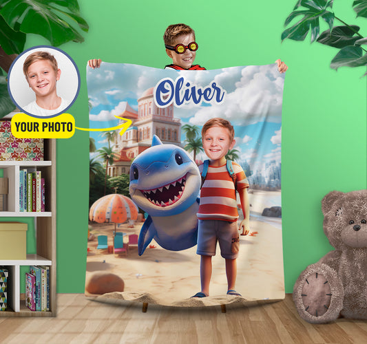 Personalized Shark and Boy Photo Face Blanket - Custamazegifts.com