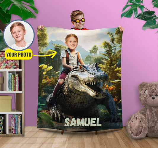 Boy With Crocodile Customized Blanket, Kids Animals Theme Gift - Custamazegifts.com