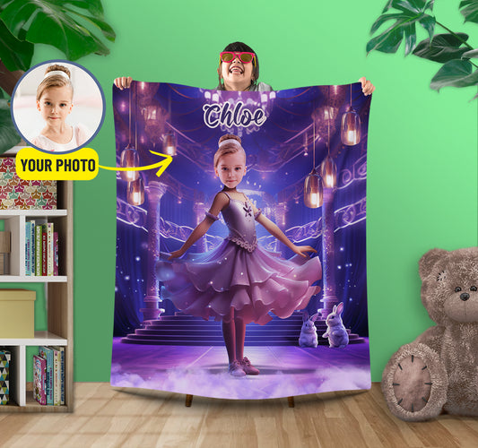 Photo Blanket Ballerina Girl Kids Custom Face Name Gifts, Ballet Picnic Blanket for Her - Custamazegifts.com