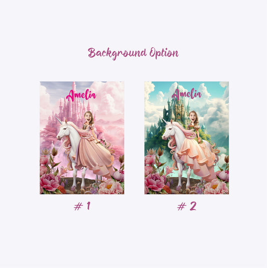 Personalized Canvas Princess with Unicorn, Custom Girls Digital Portrait - Custamazegifts.com