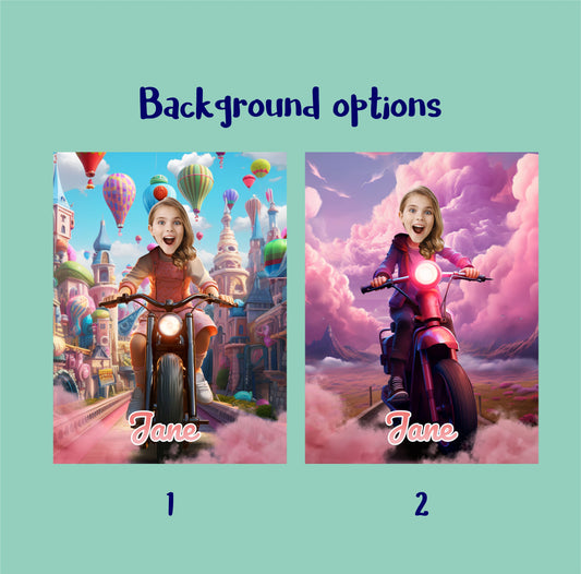 Personalized Poster Girl Ride Bike, Kids' Photoshop Motorbike Portrait - Custamazegifts.com